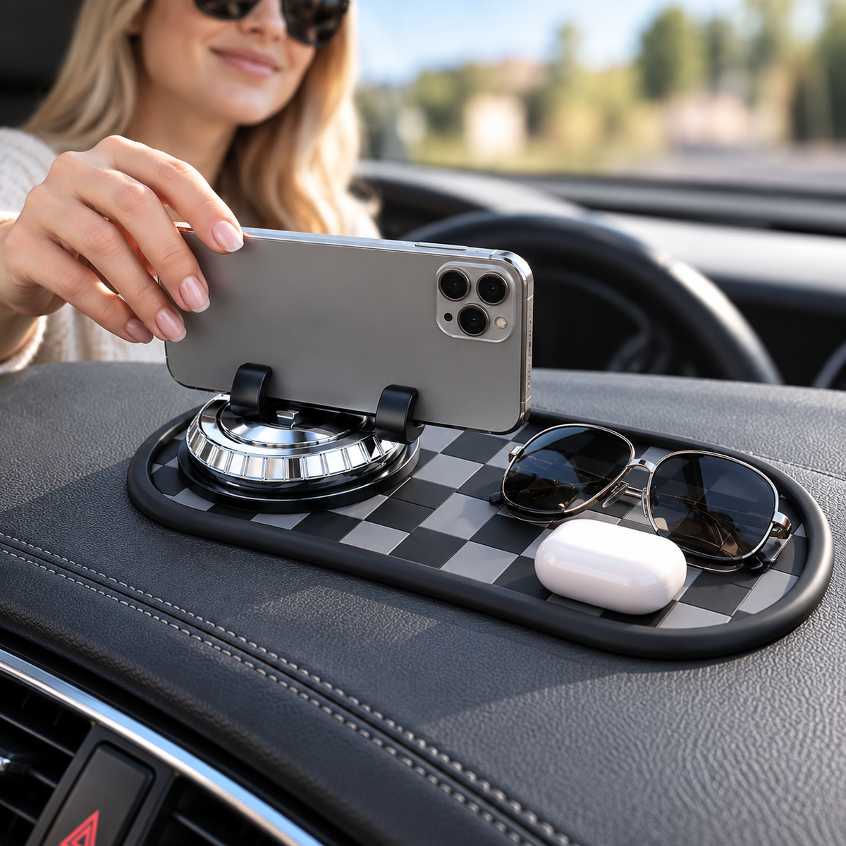 📱 Car Phone Holder | Silicone | Dashboard | Drivers | Checkered Grip