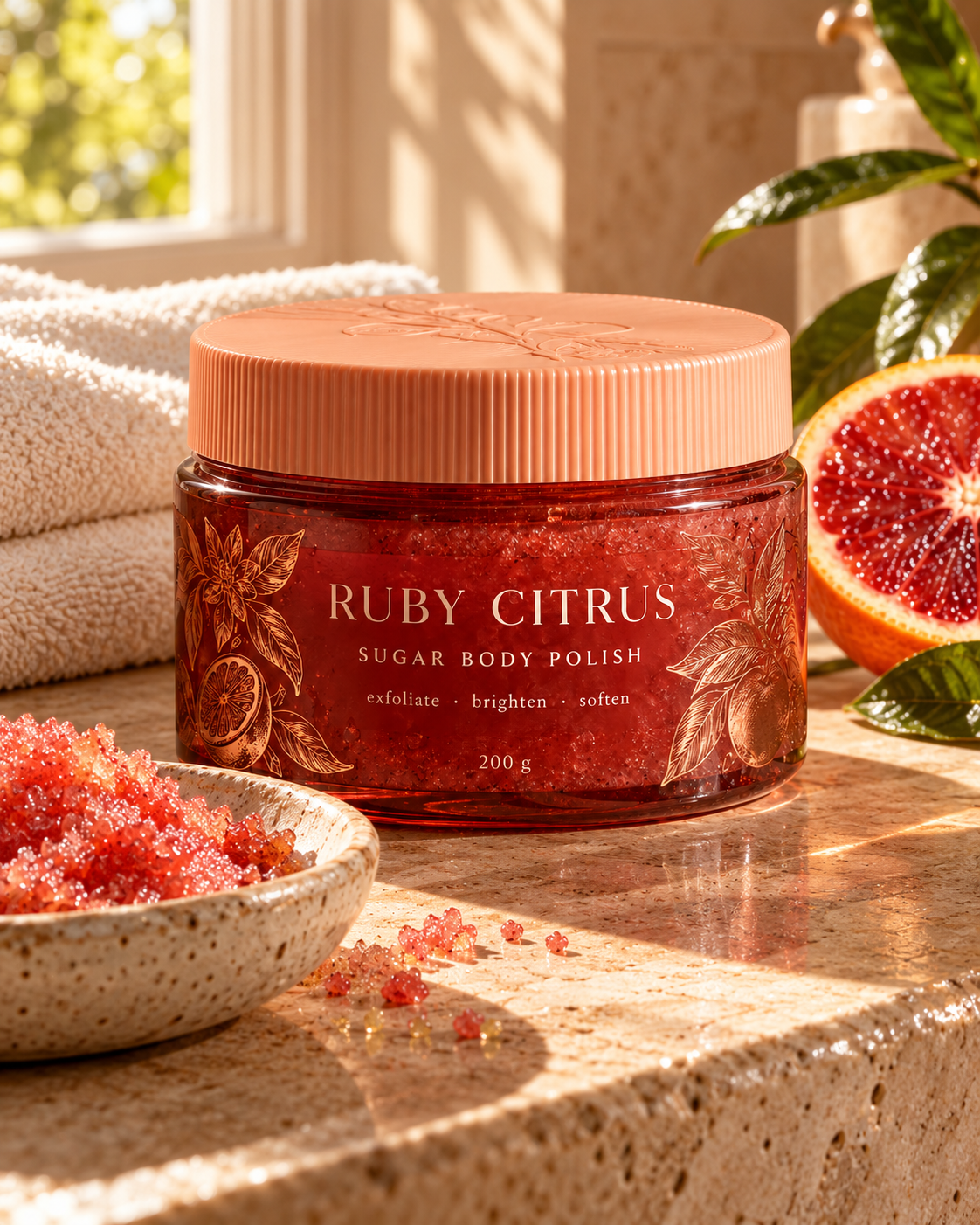 Ruby Citrus Sugar Body Polish editorial styled bathroom photograph