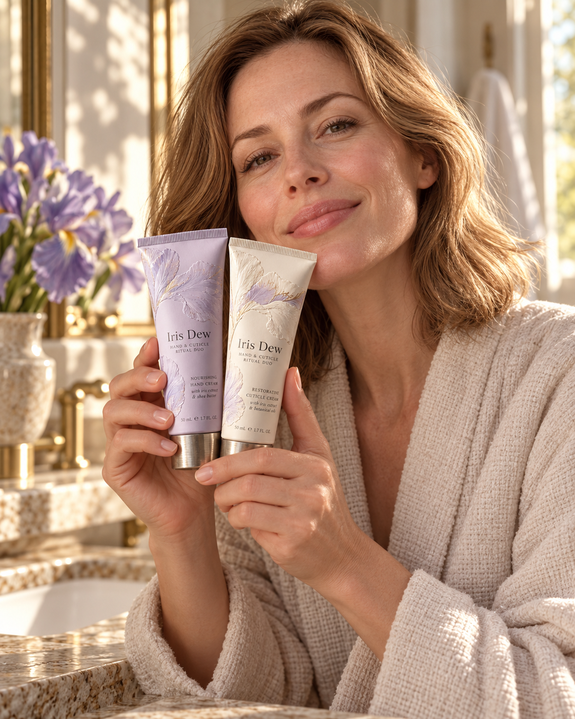 Natural model holding premium skincare