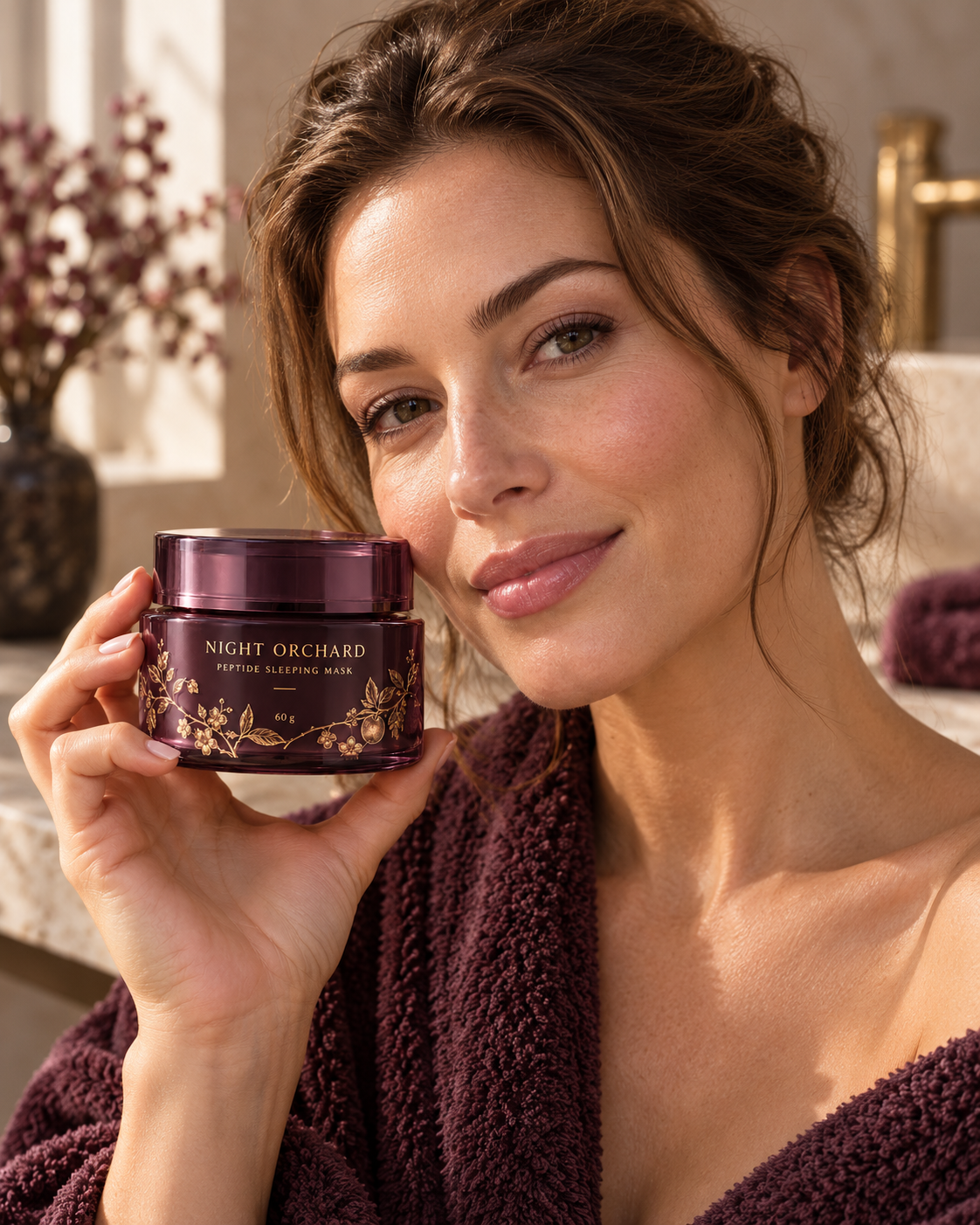 Natural model holding exact skincare product