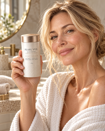 Natural woman holding skincare package